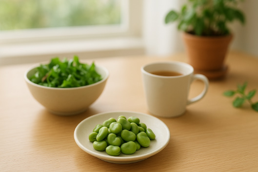 観葉植物の見える明るいテーブルに、ゆでそら豆の小皿とサラダ、温かいお茶を並べた写真